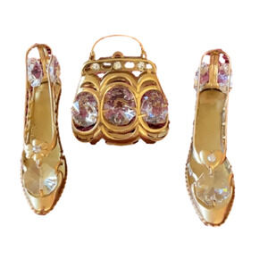 VINTAGE SWAROVSKI CRYSTAL & 24 GOLD PLATED SHOES AND PURSE DRESSING TABLE DECOR